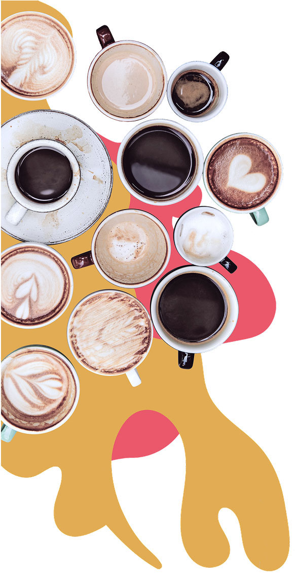 12 kinds of coffee in different coffee cups